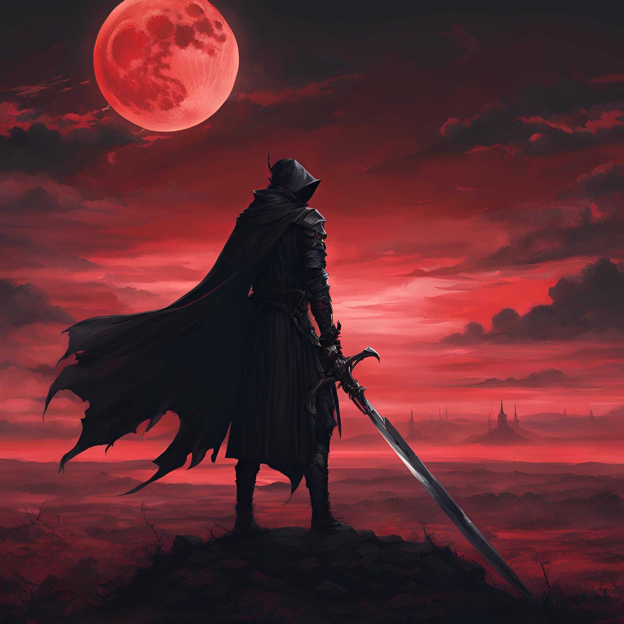 Caballero con espada bajo una luna roja, imagen del canal Lordtraxes